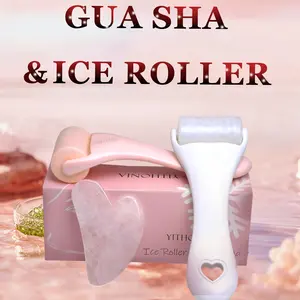 Natural Rose Quartz Gua Sha Tool Set, Ice Roller Face Massager, Self Care Gift for Women, Includes Gift Box, Facial Soothing Massage Kit