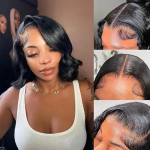 Short Bob Wig Human Hair Glueless Short Body Wave Human Hair Wig For Black Women 13x4 HD Glueless Lace Front Wigs Pre Plucked with Baby Hair Bleached Knots Natural Black Wigs 12inch