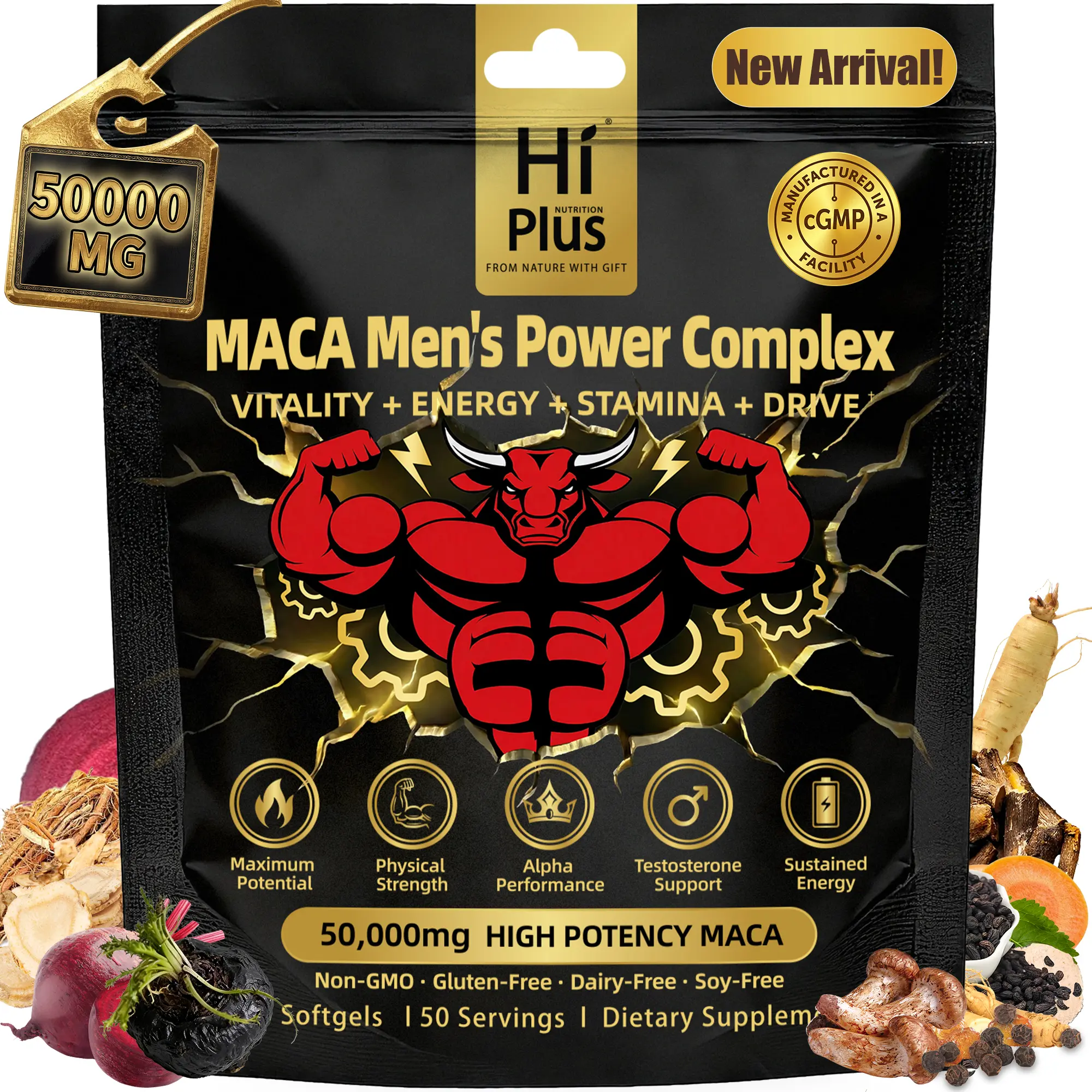 HiPlus Men‘s Testosterone Boosters Power Complex Support with Shilajit,Maca,Ashwagandha & Ginseng | Energy, Stamina & Focus - Supports Testosterone 150/300 Softgels