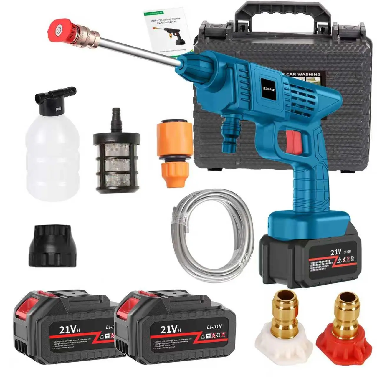 21V Li-ion Pressure Washer, Car Washing Power Tool with Batteries, Hose, Nozzles and Accessories for Efficient Cleaning