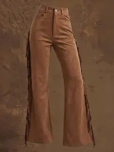 Women's Western Suede Pants, High Waisted Brown Fringed Trousers, Side Tassel Details, Country Music Festival Outfit, Stylish Flared Design, Casual Comfort Fit, Perfect for Dating or Night Out