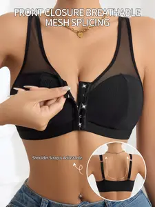 Women's Soft Breathable Daily Bra, Front Closure Design, No Underwire Mesh Patchwork, Comfortable Everyday Wear
