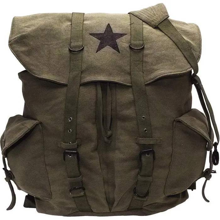 Vintage Army Style Canvas Backpack, Olive Drab with Black Star Emblem, Adjustable Strap, Metal Buckle Closures, Pockets with Flaps, 18" x 15"