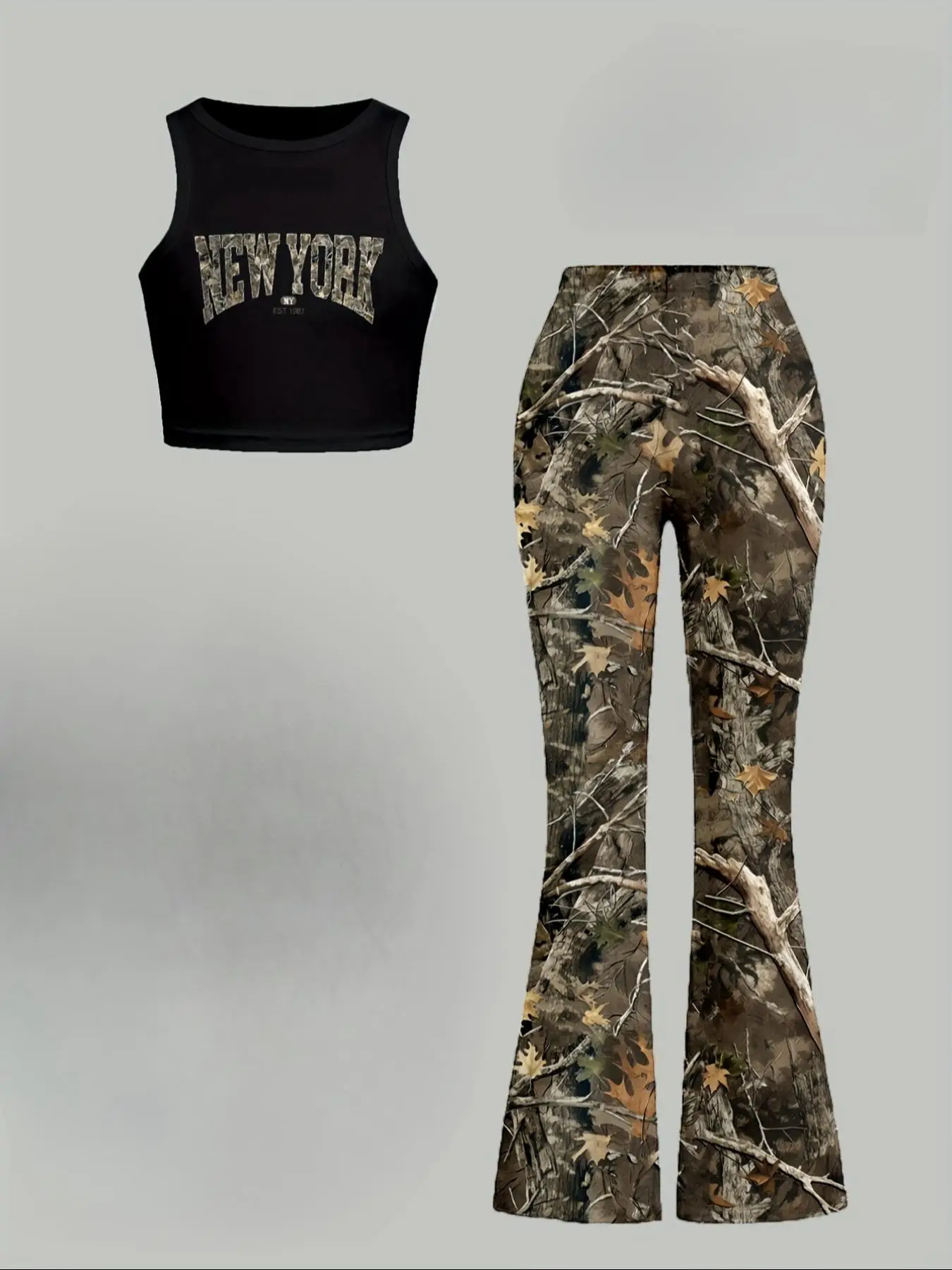 Toddler Girl's Camo Print Tank Top & Flare Leg Pants Set, Casual Sleeveless Top & Bell Bottom Trousers for Summer, Kids Clothes for Daily Wear