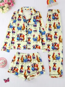 Women's Sleepwear Set, Pajama Set, Long Sleeve Button-Down Cardigan, Pants & Shorts, Sunglasses Chicken Print, Casual Loose Fit, All Seasons
