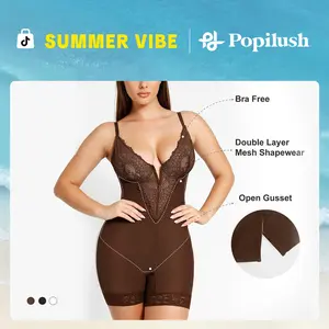 Popilush The Shapewear Bodysuit Lace Deep-V Neck Shorts Bodysuits Mesh Womenswear Tops Comfort Breathable Adjustable-LIVE