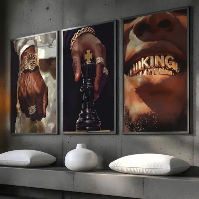 3-Pack Black King Hip Hop Graphic Paper Posters Set - Artistic Hand-Tape Mountable Urban Gold Grills Artwork, Black Excellence Photo Print Room Decor for Hypebeast Aesthetic Spaces, Home Decoration