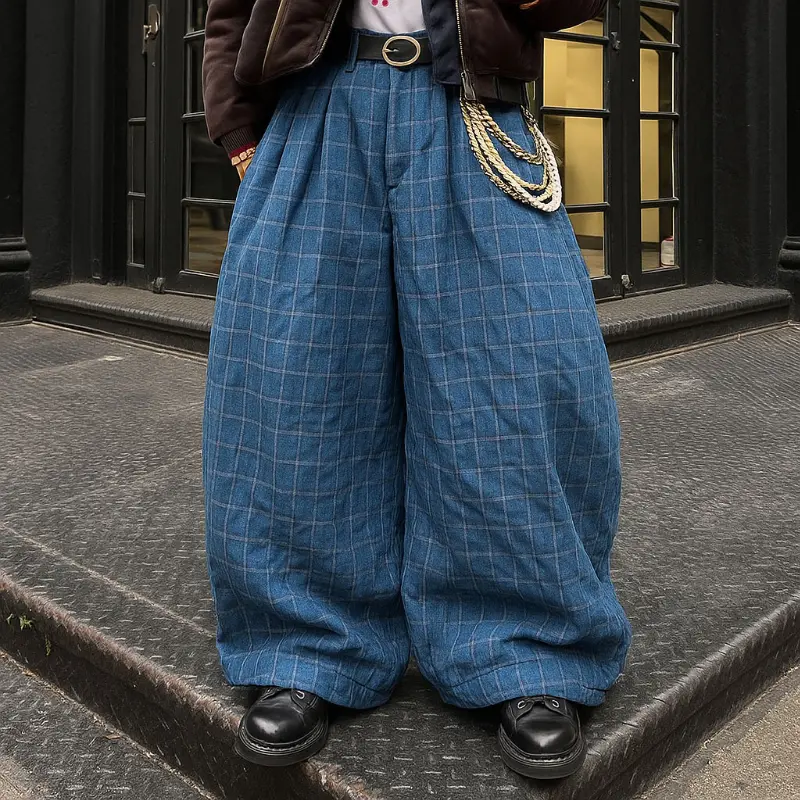 INCERUN Men's High-Waist 100% Polyester Plaid Pants - Wide-Leg, Long, Baggy, Zipper-Closure, Buttoned, Contoured Tailoring, Comfy Fabric Trousers for Nightclub Wear, Subcultural Self-Expression Plus-Size Bottoms, Checked, Button Front, Retro, Woven, Gay,