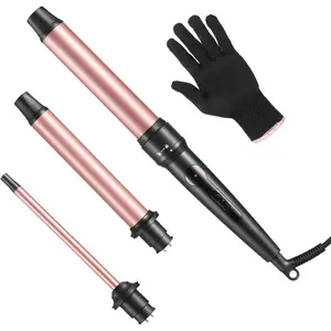 Curling Iron Wand, 3 in 1 Curling Wand Set with Ceramic Barrel for Long/Medium Hair, 0.35"-1.25" Interchangeable Hair Curler Wand, Dual Voltage, Includes Glove & Clips for Gifts for Women
