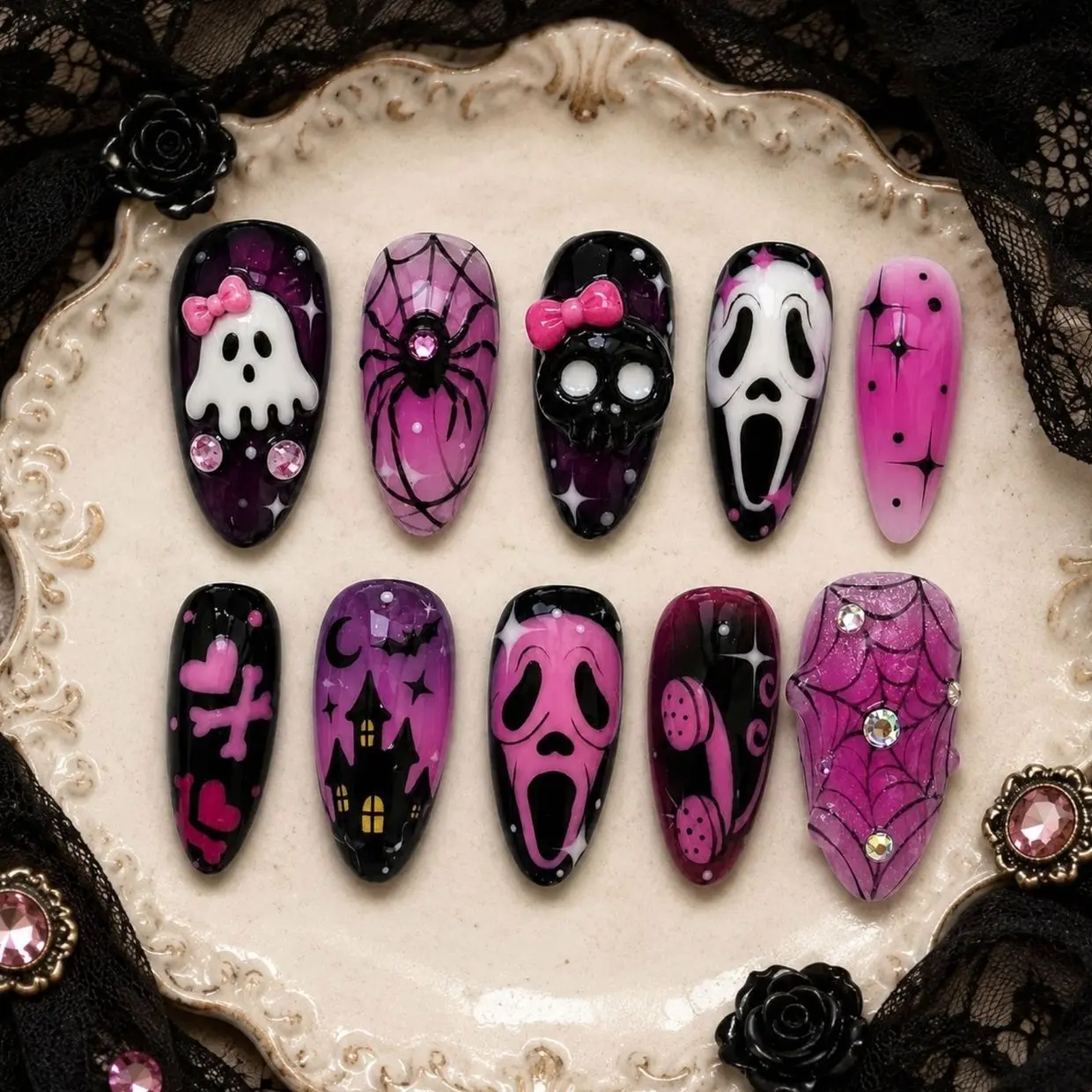 Pink Gothic Halloween Press On Nails, Ghost Face Skull Spider Web Art, Haunted Castle Design, Handmade Horror Nail Set
