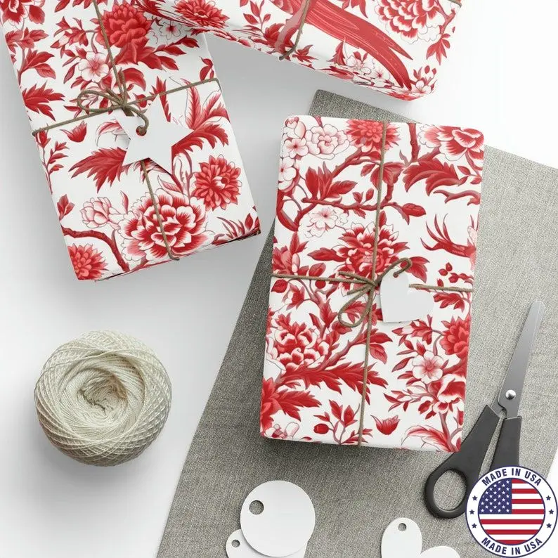 Chinoiserie Wrapping Paper Roll, Red & White Toile Gift Wrap, Asian China XMAS Holiday, French Toile de Jouy, Traditional Floral Birds