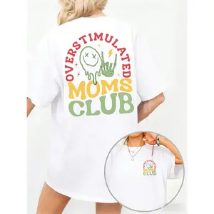 Women's "Overstimulated Moms Club" Round Neck Graphic Tee, Vintage Trendy Casual Short Sleeve T-Shirt for Daily Wear, Ladies Summer Top