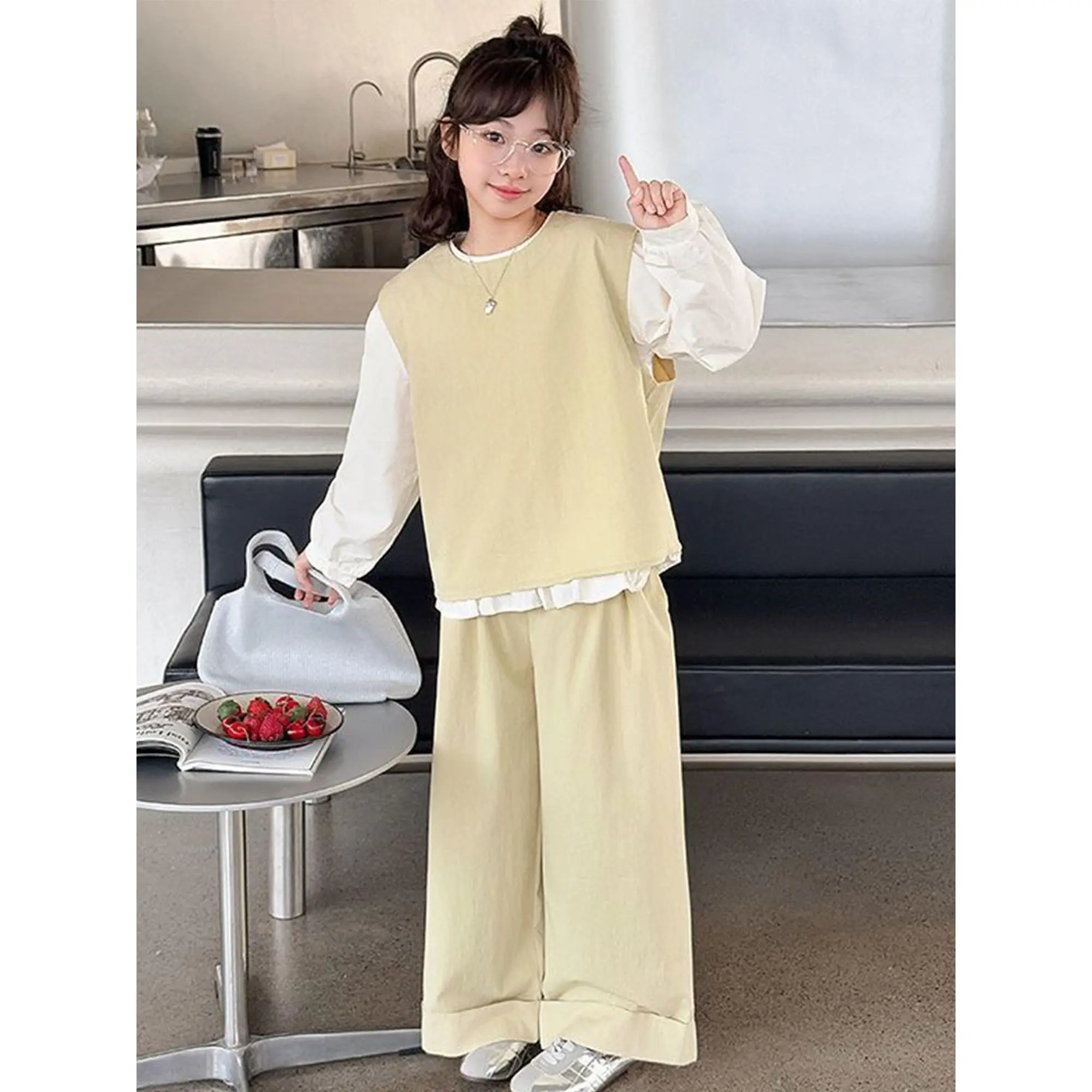 Girls' 3pcs Schoolgirl Outfit Set Sweet Shirt Vest & Wide-Leg Pants with Ruffled Hem & Slant Pockets 10-12 Years Casual School Wear Blue Yellow Long Sleeve Round Neck Tunic Solid Color Trousers Spring Autumn Ever