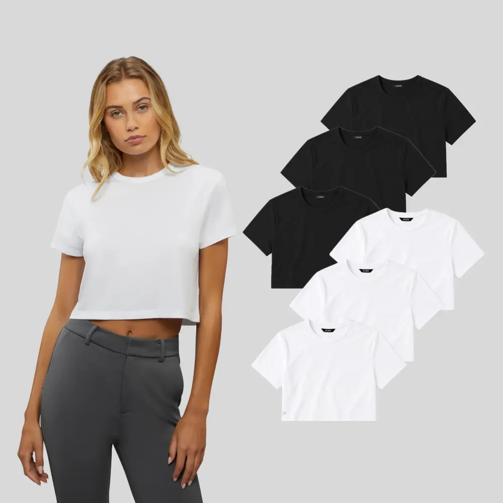 Cuts | Almost Friday Tee Women's Cropped T-Shirt 3-Pack | Classic Fit Crew Neck | Wrinkle Resistant Anti-Pilling Stretch Crop Top - White or Black
