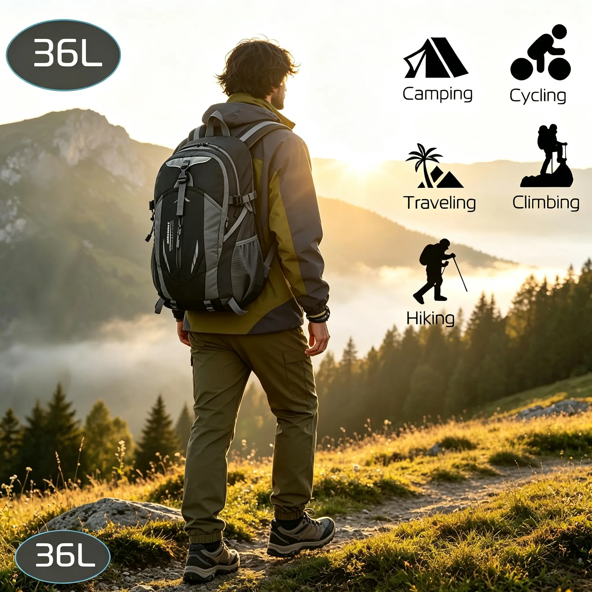 Unisex Nylon Waterproof Outdoor Storage Backpack - 36L, 0.82lbs Ultralight, 15kg Load Capacity, Ergonomic Breathable Daypack for Hiking, Travel