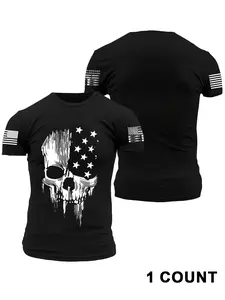 Men's Summer Round Neck Short Sleeve T-Shirt, Skull Star Pattern, American Flag Elements, Casual Fitted Style, Outdoor Activities, Menswear Streetwear