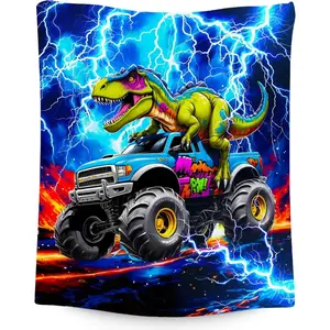 Dinosaur Blanket For Boys, Truck Blanket With Lightning, Truck Gifts For Kids Toddler, Fluffy Flannel Throw For Son Grandson, 40"X50"
