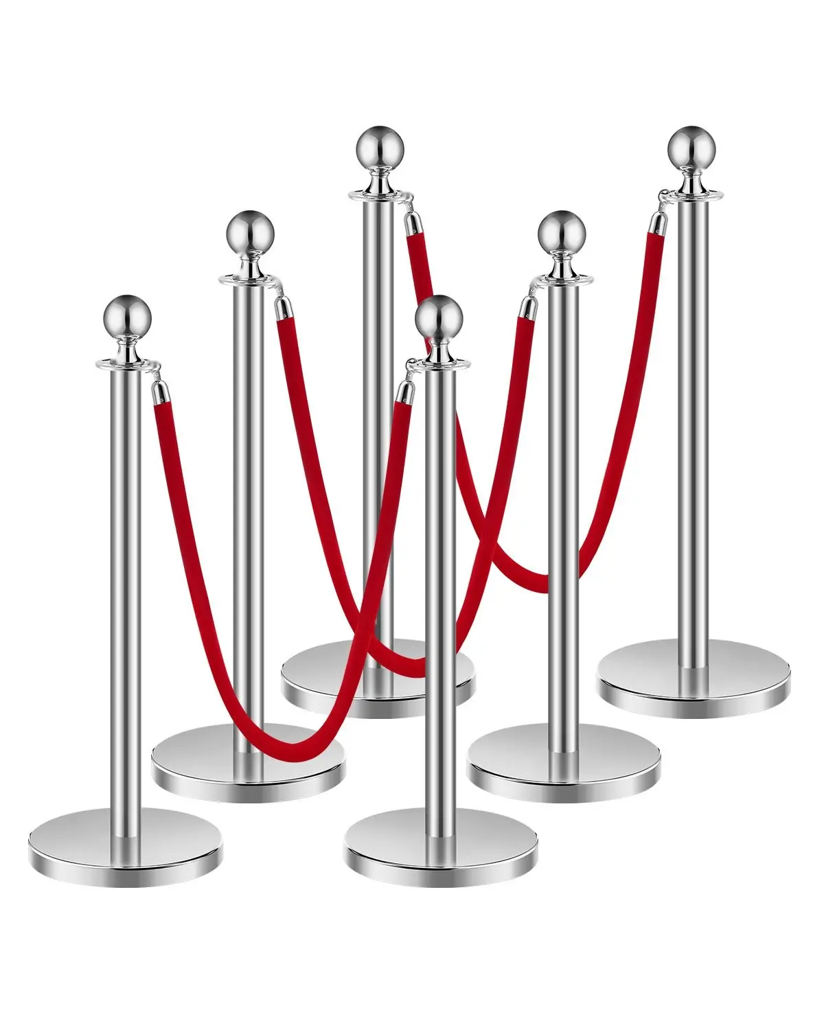 Stanchions And Velvet Ropes Set Of 6 With Hollow Base And Stainless Steel Posts, Includes Three Red Velvet Ropes And Posts, Silver Crowd Control Barriers, Red Carpet Runner Poles For Party Events And Event Decor