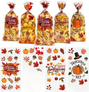 50PCS Thanksgiving Treat Bags with 60 Twist Ties – Fall Cellophane Gift Bags for Cookies, Candy, Snacks, and Party Favors – Pumpkin, Turkey & Maple Leaf Thanksgiving Goodie Bags for Kids