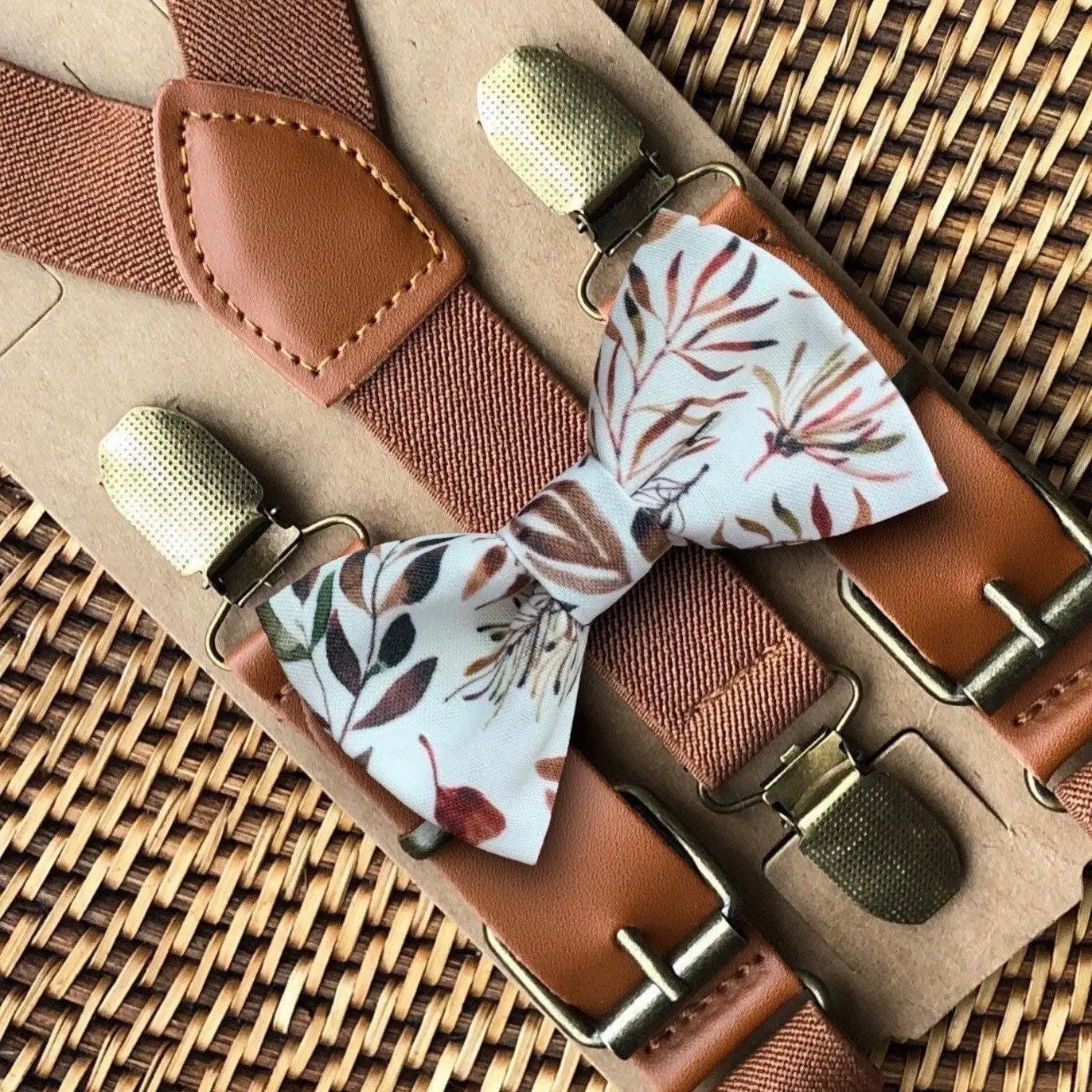 Autumn Floral Bow Tie & Cognac Suspenders Set- Terracotta & White