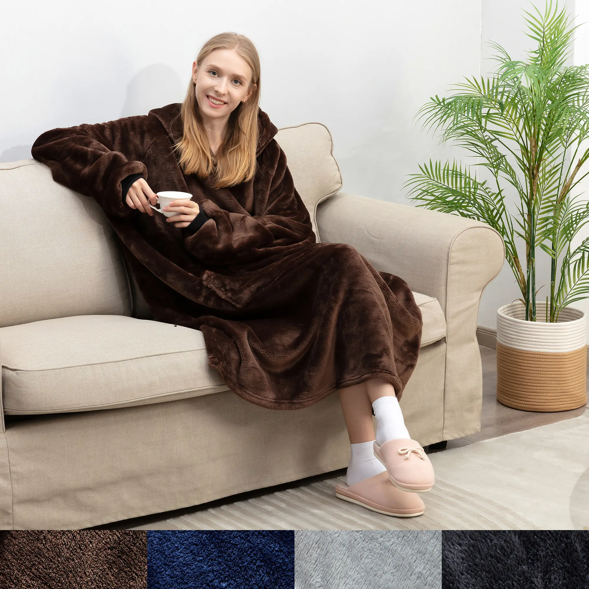 Wearable Blanket Oversized Soft Microplush Hood with Sleeves and Pouch Pocket
