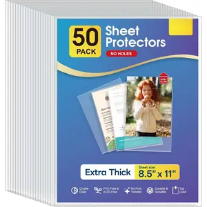 No Holes Sheet Protectors 8.5 x 11 Inch Heavy Duty Clear Page Protectors, Plastic Paper Document Sleeves, Letter Size, Top Loading, Acid Free, 50 Pack