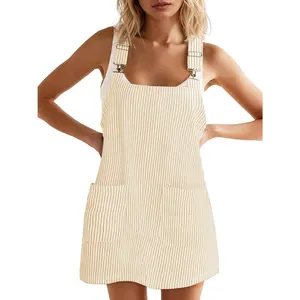 Yousify Womens Casual Denim Dress Summer Striped Overalls Romper Adjustable Straps Sleeveless Jean Dresses with Pockets