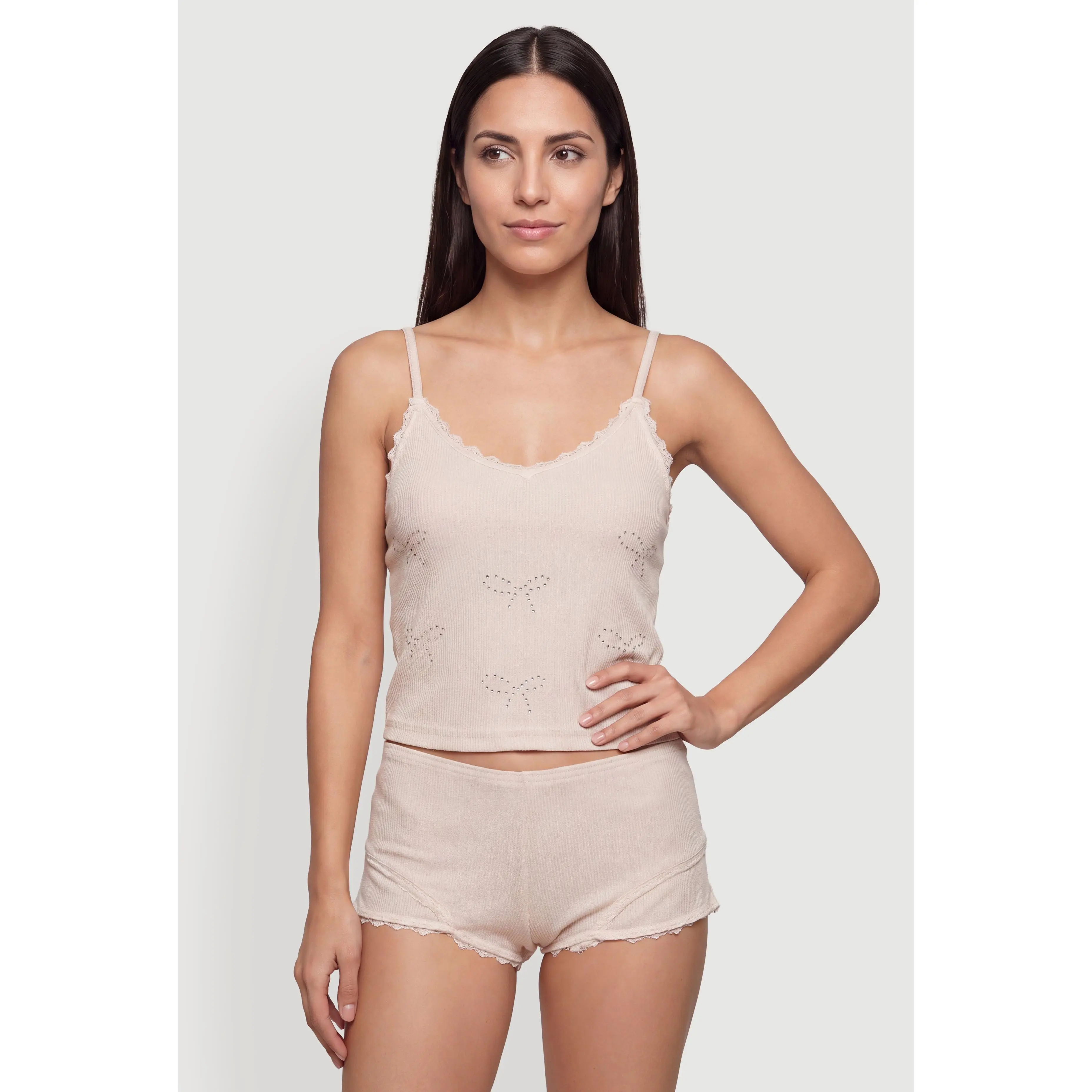 Rhinestone Bow Graphic Lace Detail Pajama Cami and Boyshorts
