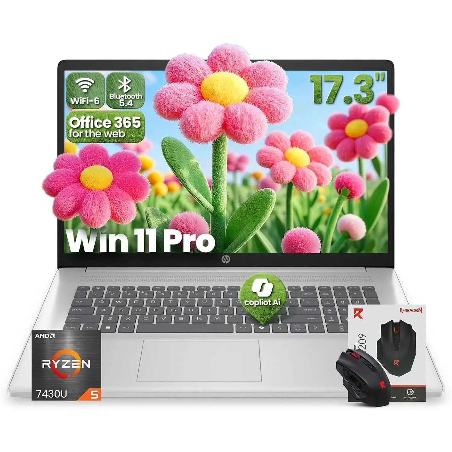 HP 17 inch laptops, AMD Ryzen 5 7430U(Beats i7-1255U), 64GB RAM 2TB SSD, Windows 11 Pro, 17.3" FHD IPS 300Nits Display, Copilot AI, HDMI, Wi-Fi 6 & Bluetooth 5.4,Office 365 of The Web,Accessory kit
