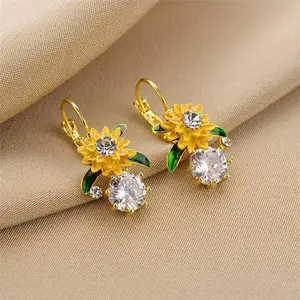 1 Pair Sunflower Zirconia Earrings, Bohemian Style Elegant Ear Jewelry For Women Daily Wear