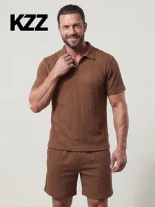 KZZ Pink Textured 2 Piece Set for Men | Vintage Polo Shirt + Baggy Shorts | Gym Workout Casual Outfit | Unisex Streetwear