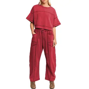 Songling Women's Two-Piece Athletic Set - Cropped Square Neck T-Shirt & Drawstring Wide-Leg Pants - Cotton Blend Activewear for Travel & Casual Outings - Sweatsuit Set Outfit, Womenswear