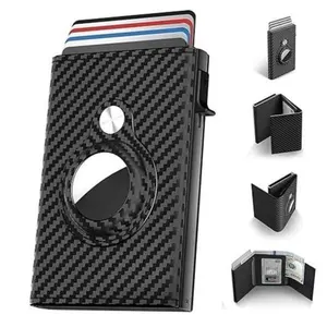 Mens Smart Wallet Card Holder, Small Portable Leather Wallet: Slim, Carbon Fiber, Minimalist - 9-14 Card Capacity | ID Window | Cash Slot (Black)