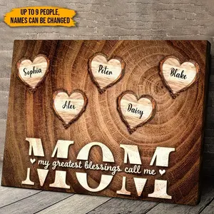 2D Flat Personalized Wooden Heart Canvas Print Plaque | Custom Family Names & "My Greatest Blessings Call Me MOM" Quote - Handmade Oil Painting on Wrapped Canvas with Wood Frame | Mother'S Day Gift, Rustic Home Decor for Living Room, Bedroom