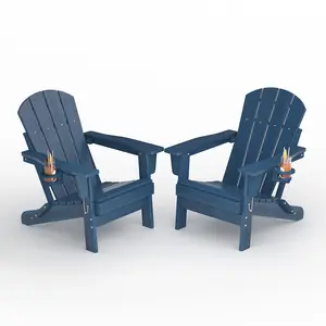 GAOMON Folding Adirondack Chair Set of 2, HDPE Outdoor Patio Chair with Cup Holder, All Weather Resistent Wooden Textured for patios, Decks, Gardens, fire Pit, Navy Blue