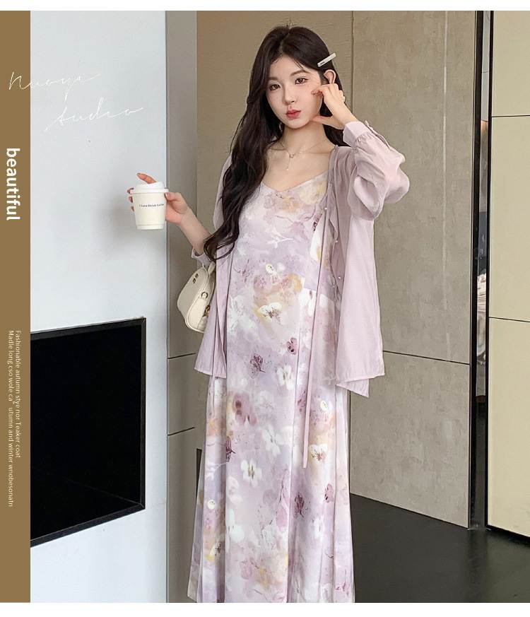 Sweet And Gentle Style Purple Printed Slip Dress Shirt And Cardigan Two-Piece Set