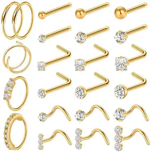 23 Pieces Gold Nose Rings for Women, 18G/20G Nose Piercing Jewelry, L-Shaped Stainless Steel Hoop Studs