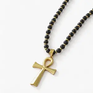 Cross Pendant Symbol of Health and Eternal Life Cross Necklace with Obsidian Triple Protection Crystal Beads Chain Trendy Punk Jewelry for Men Women