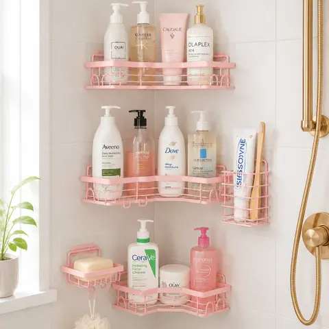5 PCS Modern Adhesive Mount Bathroom Decor Set - No-Drilling Rustproof Stainless Steel Shower Organizer with Soap Holder, Shampoo Storage, Square/Round Hollow Shelves, Adds Style & Decorative Touch for Home (Pink, Black)