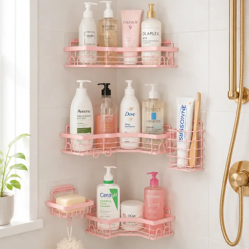 5 PCS Modern Adhesive Mount Bathroom Decor Set - No-Drilling Rustproof Stainless Steel Shower Organizer with Soap Holder, Shampoo Storage, Square/Round Hollow Shelves, Adds Style & Decorative Touch for Home (Pink, Black)