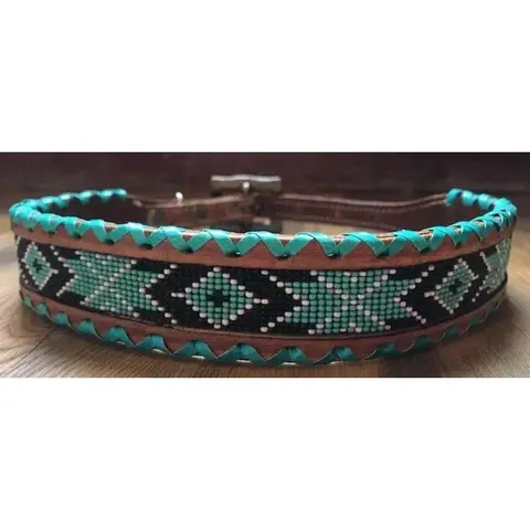 Genuine leather dog collar with teal, white, and black southwest beaded inlay design, a rawhide wrapped edge, Dog accessories, dog collar, collar, new collar