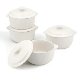 4-Pack Ceramic Mini Cocotte Set, 10 Oz Stoneware Casserole Dishes with Handles & Lids, Oven-Safe Ramekins for Soufflé, Soup, Cobbler & Baking, Individual Serving Bakeware, Off White