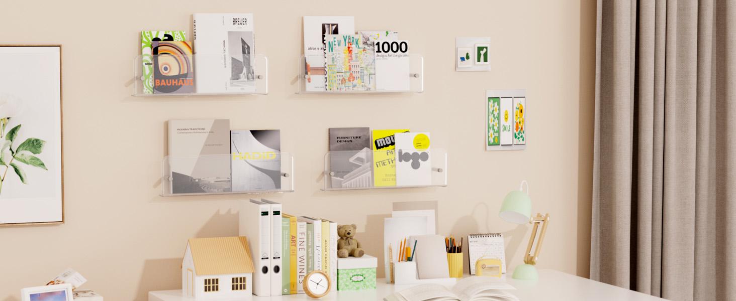 Lifewit 15" Floating Nursery Bookshelf, Clear Acrylic Wall-Mounted Racks for Kids' Magazines/Pictures, Ideal for Bedrooms and Living Rooms