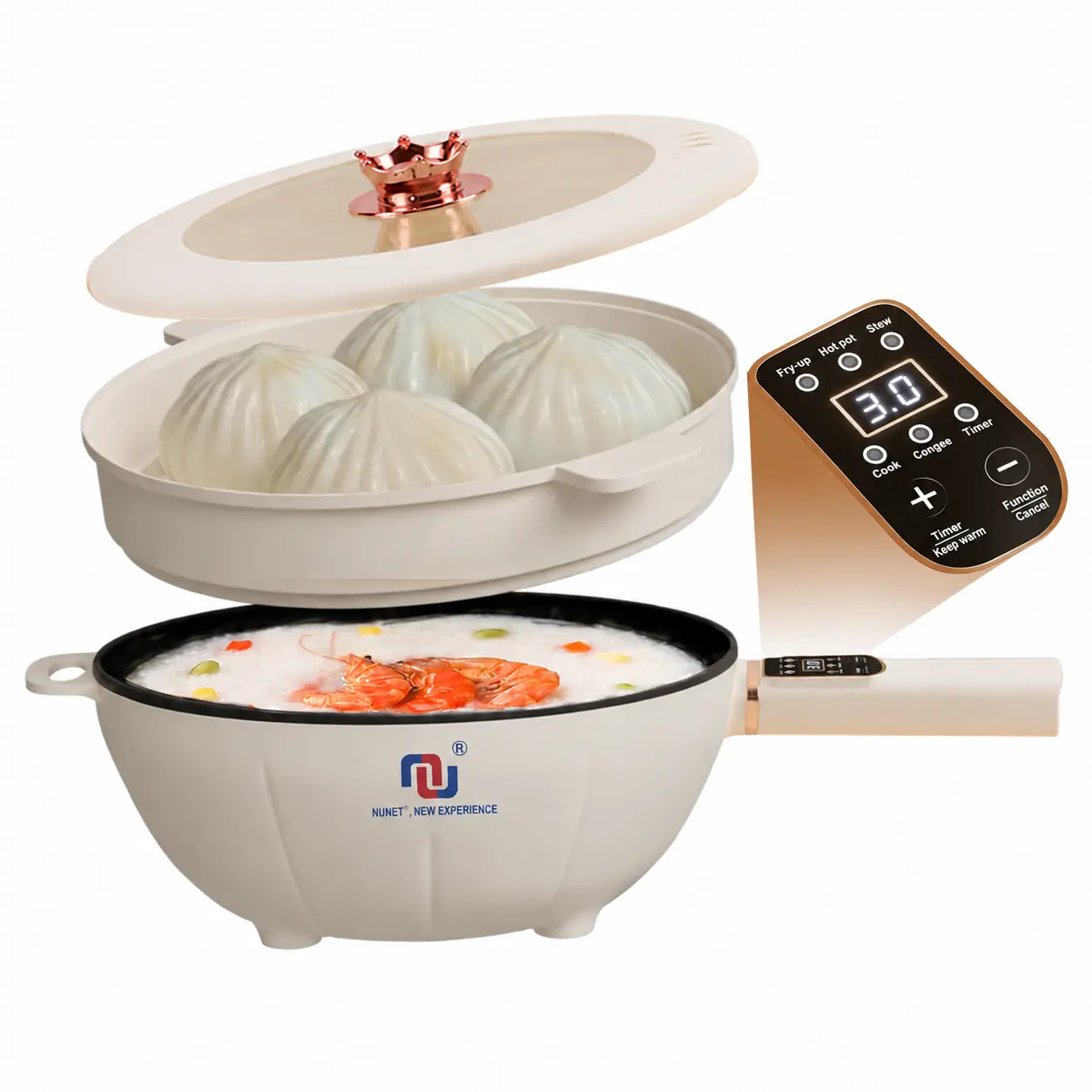 4L 1000W Electric Hot Pot with Steamer, Non-Stick Electric Skillet, Timer Schedule Cooking, 12" Multi-Function Electric Cooker with Lid for Stir-Fry Soup Pasta
