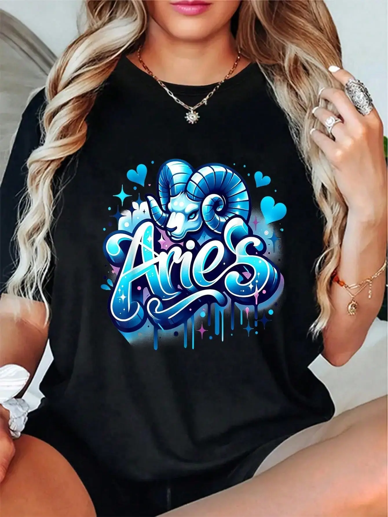 Vintage Aries Graphic T-Shirt for Women, 100% Cotton Shortsleeve Streetwear Top with Zodiac Print, Everyday