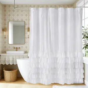 Elegant Solid Color Layered Ruffle Shower Curtain, Vintage Pleated Design, Perfect for Main Bathroom, Hotel, Salon, Bathrooms
