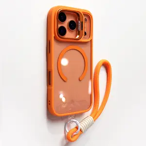 Crystal orange lens holder magnetic phone case+wrist strap suitable for iPhone 17 Pro Max 17Air 16 15 14 13 12 11 Pro Max shockproof phone case, compatible with Magsafe function with glass lens protection cover, durable design