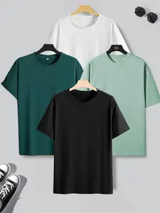 Men's 4pcs Solid Knitted Fitted Stretch Drop Shoulder Sleep Tee, Casual Comfy Round Neck Short Sleeve T-shirt for Daily Wear, Men's Sleepwear for All Seasons