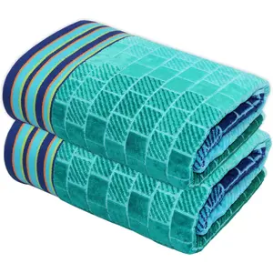 Oversized XXL 2 Pack 35x84 7 Foot Extra Large Beach Blanket Towel for Big & Tall, 100% Cotton Jacquard Velour Soft Luxury Towel for Pool Bath - Blue Tiles