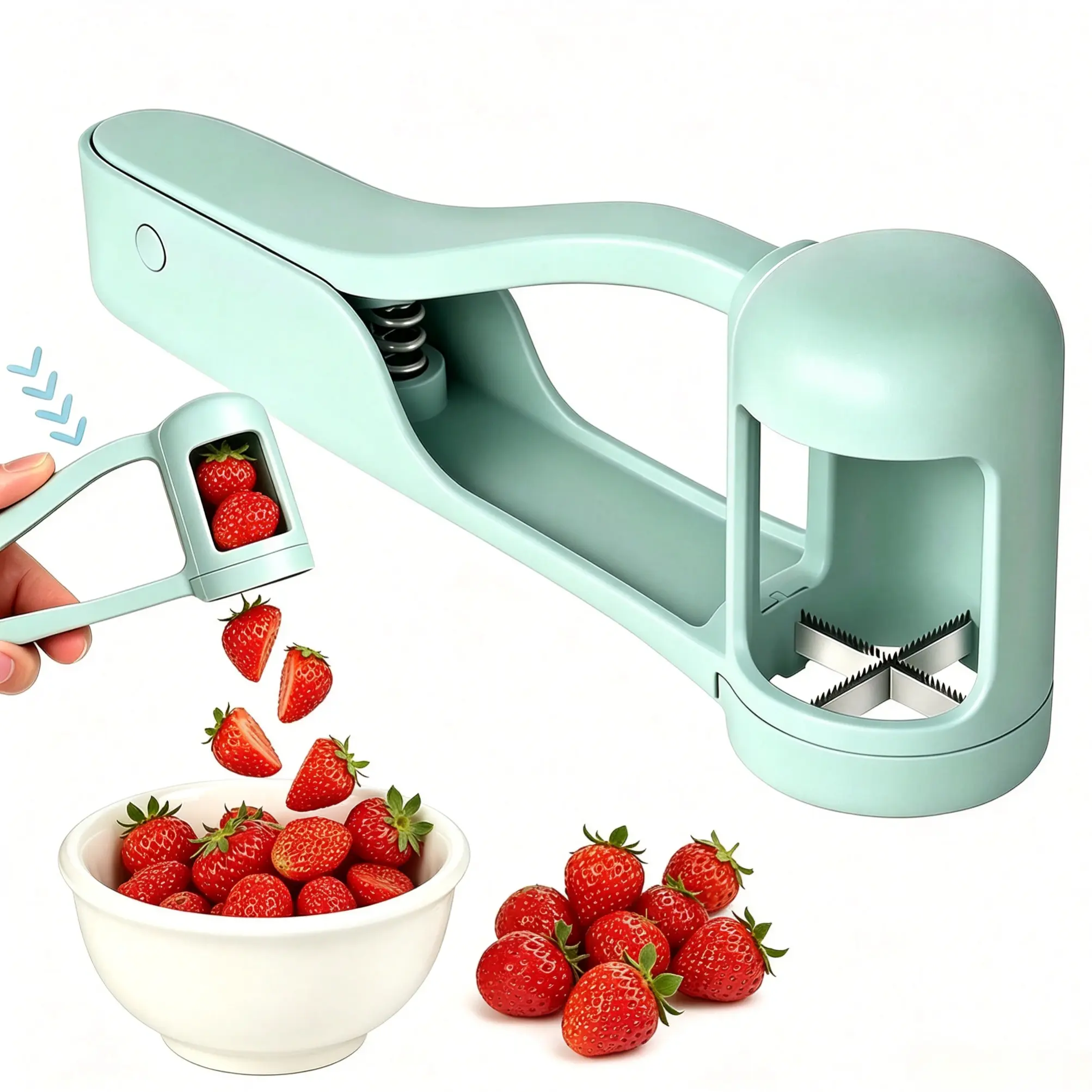 BPA-Free Anti-Choking Fruit Slicer - 1-Hand 304 Serrated Stainless Steel Blade Small Cutter, Portable Kitchen Utensil for Toddler Lunch Box Snack Prep (Strawberry, Grape, Cherry Tomato)